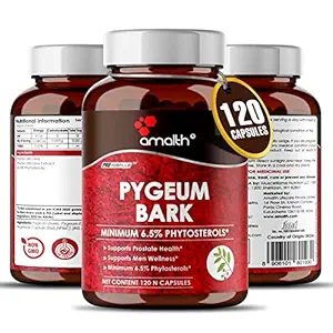 Amalth Pygeum Bark Extract Powder 500 mg Higher Potency (6.5% phytosterols) Healthy Prostate Supports Urinary Tract Health Herbal Supplements 120 Capsules