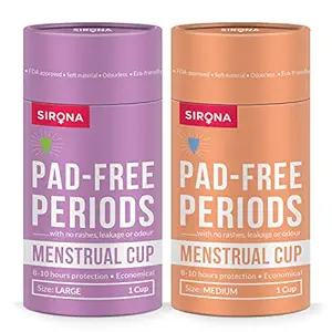 Sirona Reusable Menstrual Cup for Women | Medium and Large Size with Pouch | Ultra Soft, Odour and Rash Free | 100% Medical Grade Silicone | No Leakage | Protection for Up to 8-10 Hours | FDA Approved