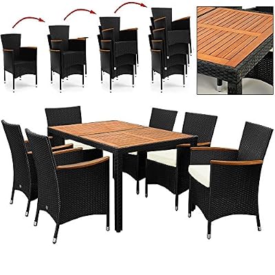 Deuba Salon de jardin polyrotin extérieur meubles ensemble Table 6 chaises noir bois