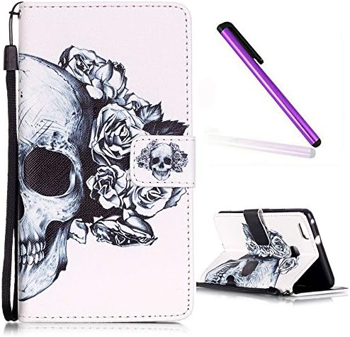 Huawei P9 Lite Case,Huawei P9 Lite Wallet Case,Huawei P9 Lite Cover,EMAXELERS Huawei P9 Lite Leather Case Cute Skull Flower Black Eye Blue Eye Pattern PU Leather Flip Protective Magnet Case Cover with Stand Card Holder for Huawei P9 Lite with 1 x Stylus Pen,Skull Flower