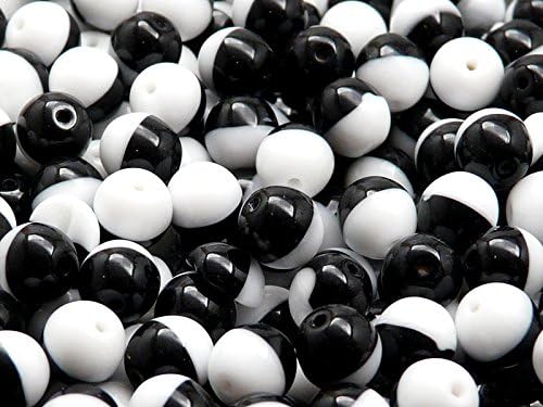 25pcs 8mm Czech Pressed Glass Beads Druck Round Combi-Chalk White Half Jet Black