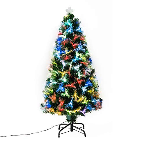 HOMCOM Árbol de Navidad 120cm Artificial Árboles con 130 Luces LED 7 Colores y Estrella Decorativa Brillante Árbol con Soporte Fibra Óptica