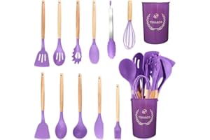 TINA&CO Juego de 12 Utensilios de Cocina de Silicona con Mango de Madera - Kit de Cocina Completo de Menaje, Antihaderente, Resistentes al calor y Duraderos (Morado)