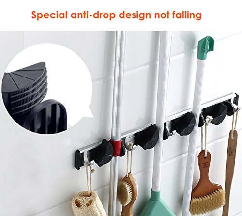 Aokayy Multifunktionaler Metall Besen und Mop Rack Wandhalter mit 4 Schlitzen und 5 Haken aus Platz Aluminium Hänge Haken für Badezimmer Küche Garten Garage Lagerung - 4