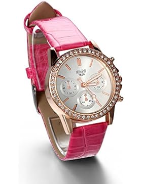 JewelryWe Damen Armbanduhr, Analog Quarz, Fashion Exquisite Leder Armband Uhr mit Strass Zifferblatt, Rosa