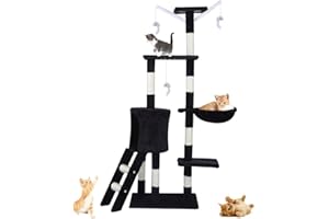 Quileyun Cat Tree, 143cm Cat Scratch Posts Multi-Level Stable Cat Climbing Tower Cat Activity Trees with Ladder, Indoor Pet Activity Furniture Play House for Kitty Kitten, Black