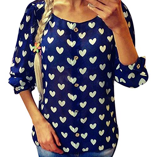 ELFIN® Women Blouses Spring Autumn Heart Printed Casual Shirts Three Quarter Lantern sleeve Chiffon Blouse(Dark Blue/Small)