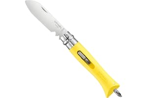 Opinel - N°09 Couteau de Bricolage Jaune - Lame Inox Coupe-Fil & Dénudeur - Manche avec 2 Embouts de Tournevis - Bague de Sécurité Virobloc - Fabrication France