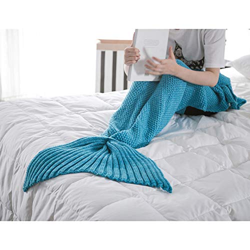Preisvergleich Produktbild Queta Meerjungfrauenschwanz-Decke, Baumwolle, gestrickt, Klimaanlage Decke Baby warm, weich, bequem, 80 x 180 cm Blue, 80X180CM