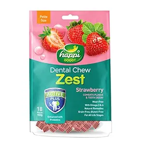 Heads Up For Tails Gluten and Grain-Free Happi Doggy Dental Chew Zest Dog Treats (Strawberry, 150 g)