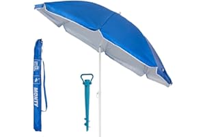 LOLAhome Pack de sombrilla de playa de 8 varillas y soporte de arena con protección solar UPF+50 de acero y nylon azul, de Ø 180 cm