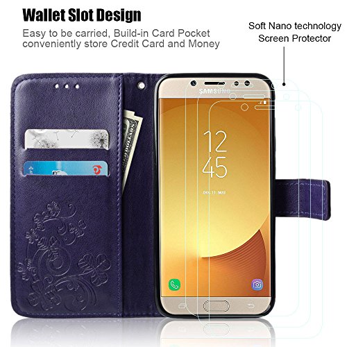 Samsung Galaxy J7 2017 Custodia, achoTREE Fortunato Fiore Cover in Pelle per Galaxy J7 2017, TPU & PU Caso + [3 morbido Nano-tecnologia Pellicola protettiva], Porpora 5.5 Pollici
