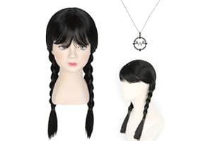 CAPANEUS Mercredi Addams Perruque Noire Longue Doubles tressées avec Collier pour Enfant Femme Adulte