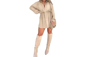 ZOOARTS Satin Covered Nights Romper Dress,2023 Fall New Satin Dress Set,Casual Button V Neck Long Sleeve Casual Stylish Dress,Long Sleeve Shirt Dress Rompers