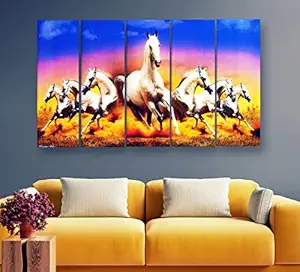 Artdira 7 Horses Vastu Prosperity Multiple Frames Wall Painting For Living Spaces, Bedroom, Hotels & Office With Sparkle Touch 7mm Hard Wooden Board (50 30 inches) AD_MFC_70