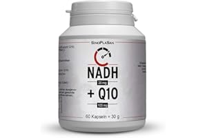 ‎SINOPLASAN NADH (Panmol®) 20 mg + Coenzyme Q10 100 mg Capsules | 60 Capsules | Coenzyme 1 (NADH) & Coenzyme Q10 Combination Product | Lactose Free | No Magnesium Stearate | Made in Germany