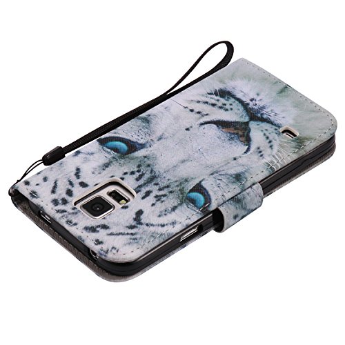 Feeltech Samsung Galaxy S5 Hülle PU-Leder und Brieftasche Bunte Muster Fall mit Magnetverschluss, Hybrid-Kickstand mit Stand-Funktion, schlagen Sie schützende weiche TPU Stoßstangenabdeckung und Kreditkartenhalter für Samsung Galaxy S5 Handgelenk Bügel-Buch-Art-Geldbeutel-Tasche mit 2 In 1 Berühren Sie Stift – White leopard - 7