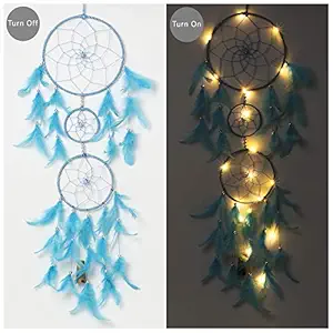 ILU Dream Catcher with Lights, Wall Hangings, Crafts, Home D?cor, Handmade for Bedroom, Balcony, Garden, Party, Caf?, Decoration, Wedding, Decorative, Blue Feathers (17 cm Diameter)