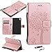 Produktbild Owbb Hülle für Sony Xperia Z5 Premium (5.5 zoll) / Z5 Plus PU Ledertasche Flip Cover Wallet Case mit Stand Function Innenschlitzen Design Schmetterling Baum Katze Prägung Rose Gold