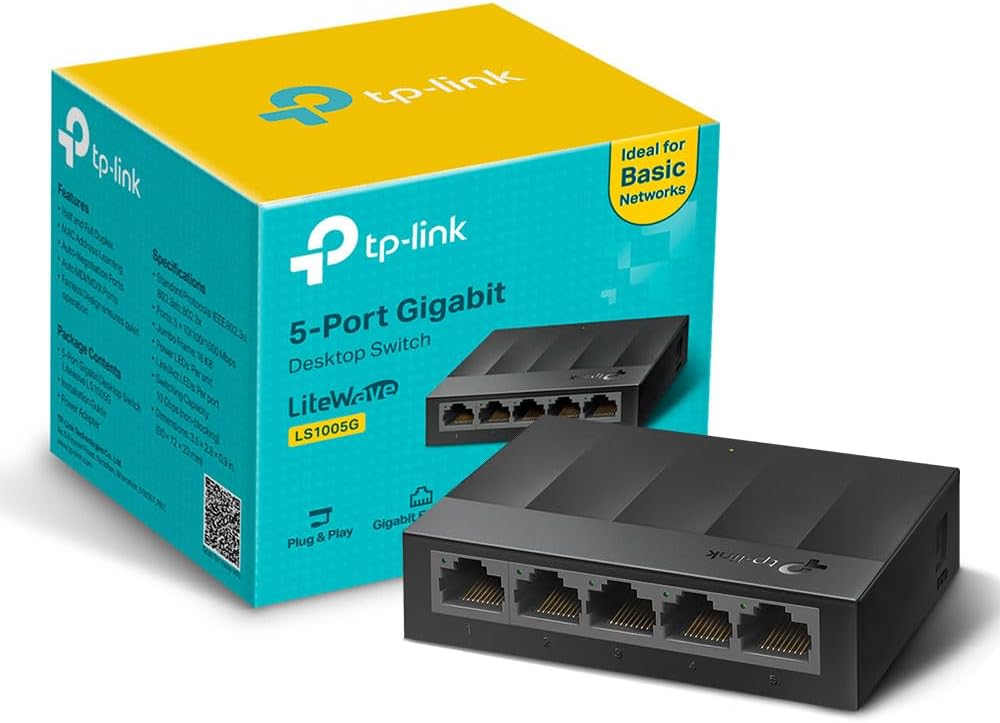TP-Link LS1005G 5-Port Gigabit Network Switch, Desktop/Wallmount Ethernet Splitter, Plug and Play, Power Saving, Fanless design, IEEE 802.3X, Auto-MDI/MDIX, Perfect for Home/Office/Surveillance