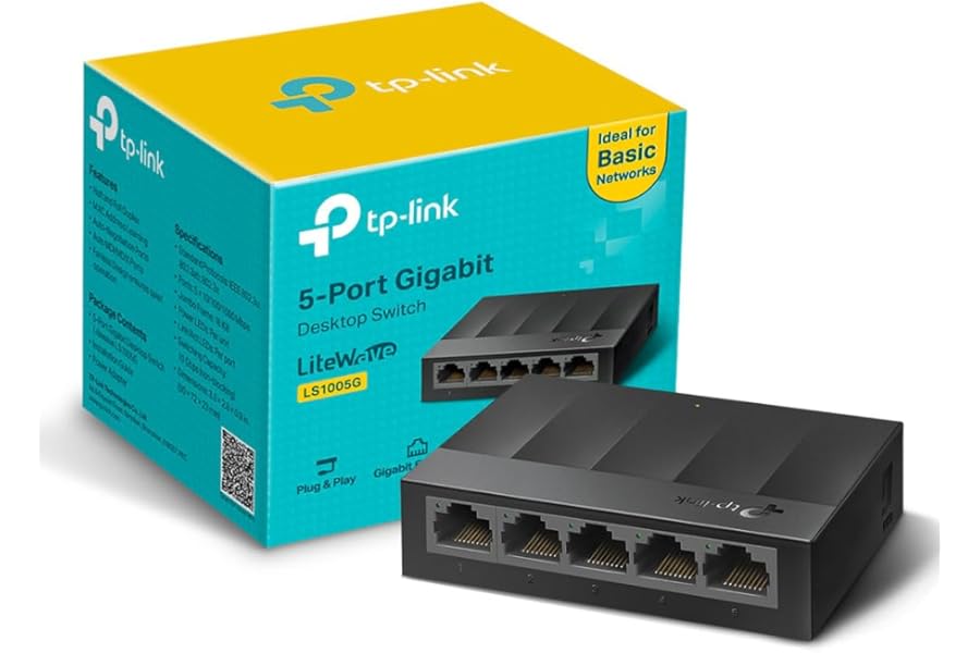 TP-Link LS1005G 5-Port Desktop/Wallmount Gigabit Ethernet Switch/Hub, Network Splitter, Plug and Play, Plastic Case, Black