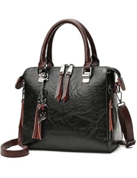 Dexinx Damen Stilvoll Klassisch Leder Handtasche mit Quaste Retro Einfarbig Umhängetasche für Frau