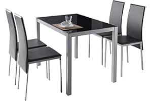 MOMMA HOME Conjunto de Mesa y Sillas Melbourne - con 4 Sillas - Mesa Fija - con Encimera de Cristal - para Salón y Cocina - Muy Elegante - Diseño Moderno Color Negro