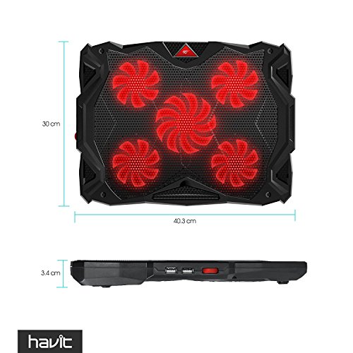 HAVIT Laptop Kühler Cooling Pad (bis zu 17 Zoll), Notebook Cooler Ständer Kühlpad Kühlmatte mit 5 Ventilatoren, 2 USB-Anschlüssen, rotes LED Licht (F2068) - 8
