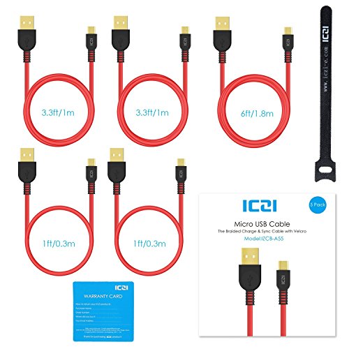 ICZI Cavo Micro USB Carica Rapida [ 5 Pezzi: 0.3m Ã— 2 + 1m Ã— 2 + 1.8m Ã— 1 ], Connettori Placcati in Oro, Cavi per Trasferimento Dati e Ricarica per Android, Huawei P10 Lite/P8 Lite 2017, Serie Samsung Galaxy J, HTC, Nokia, LG, Kindle ed altri - Rosso