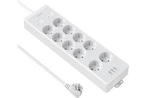 Listwa zasilająca do montażu na ścianie, ochrona przed przepięciem, z pojedynczymi przełącznikami, NTONPOWER 10 bezpiecznych gniazd, z przedłużaczem 1,5 m i USB, przykręcana, biała, wielokrotnego