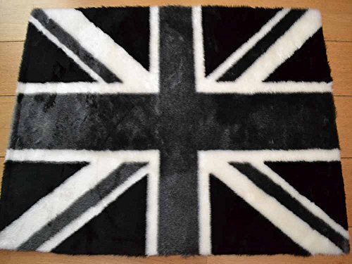 Grey Union Jack Non Slip Machine Washable Sheepskin Style Kids Rug. Size 70cm x 100cm