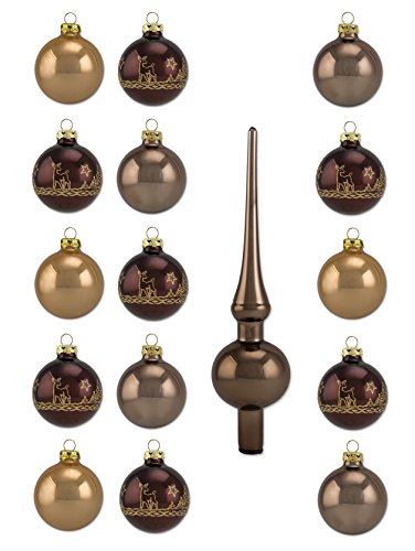 Thüringer Glas Design A016 2356 1410 16 Teilig Glas Sortiment 8 Kugeln 6 Cm Uni 7 Kugeln 6 Cm Deko 1 Spitze 235 Cm Dekor Reh Im Wald Cappuccino - 