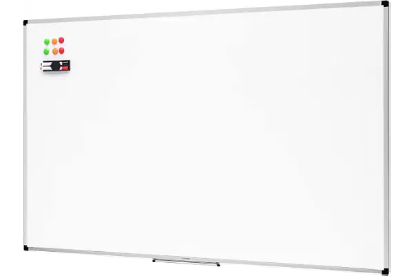 Amazon Basics Pizarra Blanca Magnética con Marco de Aluminio, Bandeja para Rotuladores, 6 Imanes, 1 Borrador y 2 Rotuladores para Uso en Oficina y Hogar, Montaje en Pared, Borrado en Seco, 90 x 60cm