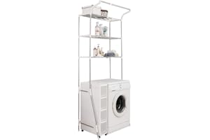 BAOYOUNI Étagère Machine à Laver Support de Rangement au-Dessus des Toilettes WC Etagère de Salle de Bain à 3 Niveaux avec Barre pour Accrocher, Largeur Réglable 58-95cm, Ivoire