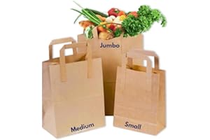 Clearly 50 Brown Kraft Paper Bags with Handles | 10x8.5x4 Medium | 70 GSM -Thickness | SOS Takeaway Lunch Grocery Gift | Take Away Bags for Shopping Store Bakery Restaurants