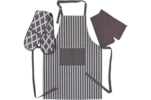 Penguin Home Apron, Double Oven Glove and 2 Kitchen Tea Towels Set -100% Soft, Durable, Heat Resistant & Super Absorbent, Cotton, Colour - Grey/White, (70 X 90 18 X 90 45X 65 cm)