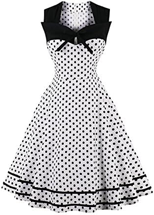 QiuLna Women Sleeveless Patchwork Polka Dot Bowknot Skirt Retro Vintage 1950s Style Cocktail Party Wedding Homecoming Midi Swing Dress (3X-Large,White Polka Dots)