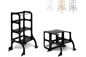 Ette Tete STEP'n'SIT® • Montessori Helper Tower - Bord • Konvertibel stegpall 2-i-1 med stödben (med mässingslås, svart färg)