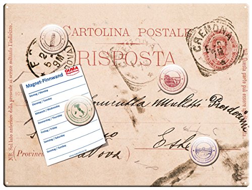 Postkarte - Romantische Design Metall Magnettafel 40x30 cm - Pinnwand Memoboard mit Motiv: Postkarte Italien - inkl. 4 Magnete mit Motiven von italienischen Poststempeln: Italien, Pisa, Rom, Venedig für Magnetwand - Original Magnetpinnwand GUMA Magneticum