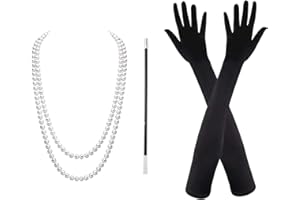 VIKSAUN 3 Pièces 1920 Accessories, Charleston Accessoires Collier, Gants, collier de perles, gants en satin Noir, pour Femmes, accessoires de déguisement Charleston