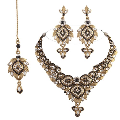 I Jewels Traditional Gold Plated Black Kundan Necklace Set with maang Tikka for Women(Black)(K7005B)