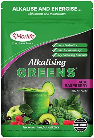Morlife Alkalising Greens Acai Raspberry 300g - 21 Super Greens, Fruits and Vegetables, Pre &amp; Probiotics, Key Alkalising Minerals, Vegan Greens Powder, Acai Raspberry, 30 serves