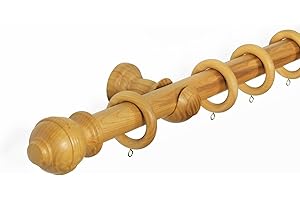 LISTER CARTWRIGHT 33 mm Ribbed Ball Wood Curtain Poles Fixed Length Premium Quality Curtain Pole Wooden Beautiful Design Rubber Wooden Finials, Honey Oak Color 180 cm