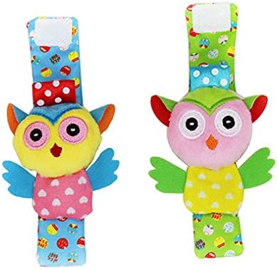 Amazemarket 2 Pcs Infant Newborn Rattle Colorful Animal Toy Shape Wrists Socks Foot Finder Soft Developmental Christmas Gift Improve Baby Hand-eye Coordination Rustled Paper (No original packaging, owl wrist bell)