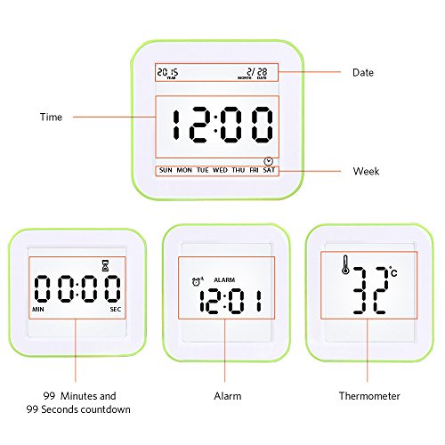 Digital Wecker, Schwerkraft-Sensor Wecker Multi Funktionen Wecker betrieben mit großen Bildschirm, Datum, Zeit, Kalender, Temperaturanzeige, Alarm, Countdown für Kinder, Jugendliche, Teenager Grün - 5