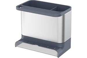 Amig - Organizador de Fregadero Noxi - 15,4 x 11,4 x 18 cm - Acero Inoxidable y Plástico Resistente - Color Gris - Soporte para Esponjas, Cepillos y Detergente con Bandeja Desmontable