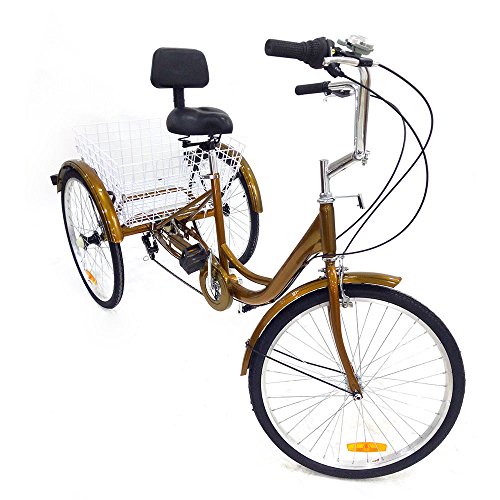 Buy OUBAYLEW 24" Golden 3Wheel Bike Adult Tricycle 6Speed Shopping Tricycle Cruise+Basket