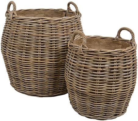 Kubu Rattan Barrel Set of 2 Log Baskets / Wicker Bin / Christmas Basket
