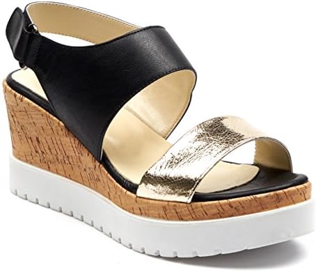 BOBERCK Veronica Collection Women's Open Toe Platform Summer Wedge Leather Sandals (6 US, Black Gold)