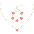 JIEMUCHU Gold Plated Stainless Steel Four Leaf Clover Bracelet and Necklace Jewelry Set for Women